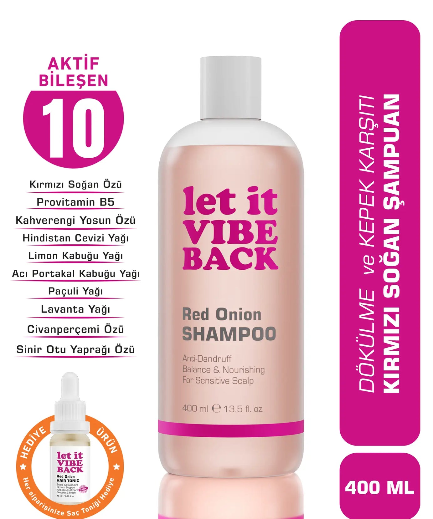 let it VIBE BACK Kırmızı Soğan Özlü Dökülme Karşıtı Saç Bakım Seti 3’lü – Şampuan 400 ml+Maske 275 ml+Serum 100 ml