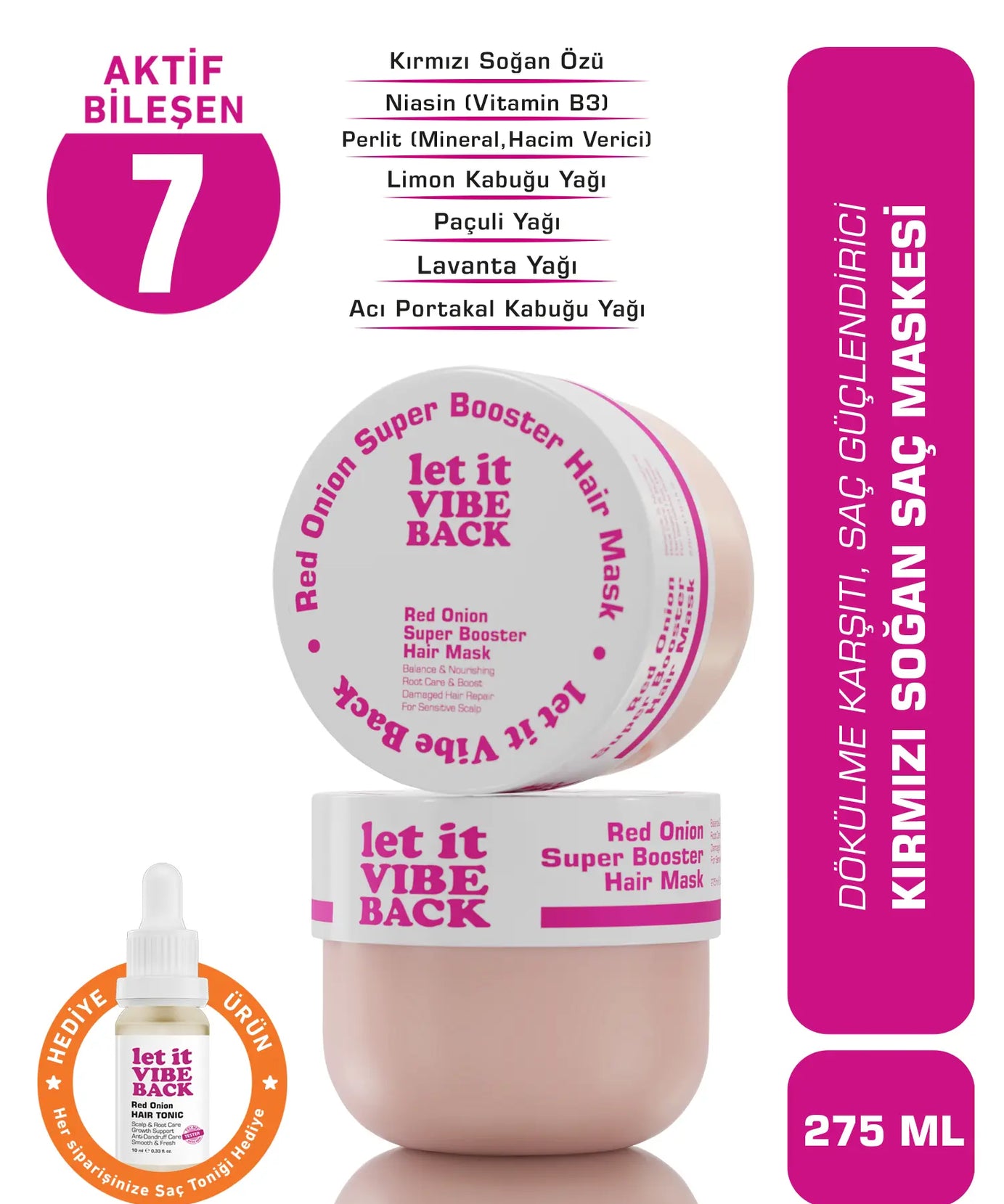 let it VIBE BACK Kırmızı Soğan Özlü Dökülme Karşıtı Saç Bakım Seti 3’lü – Şampuan 400 ml+Maske 275 ml+Serum 100 ml