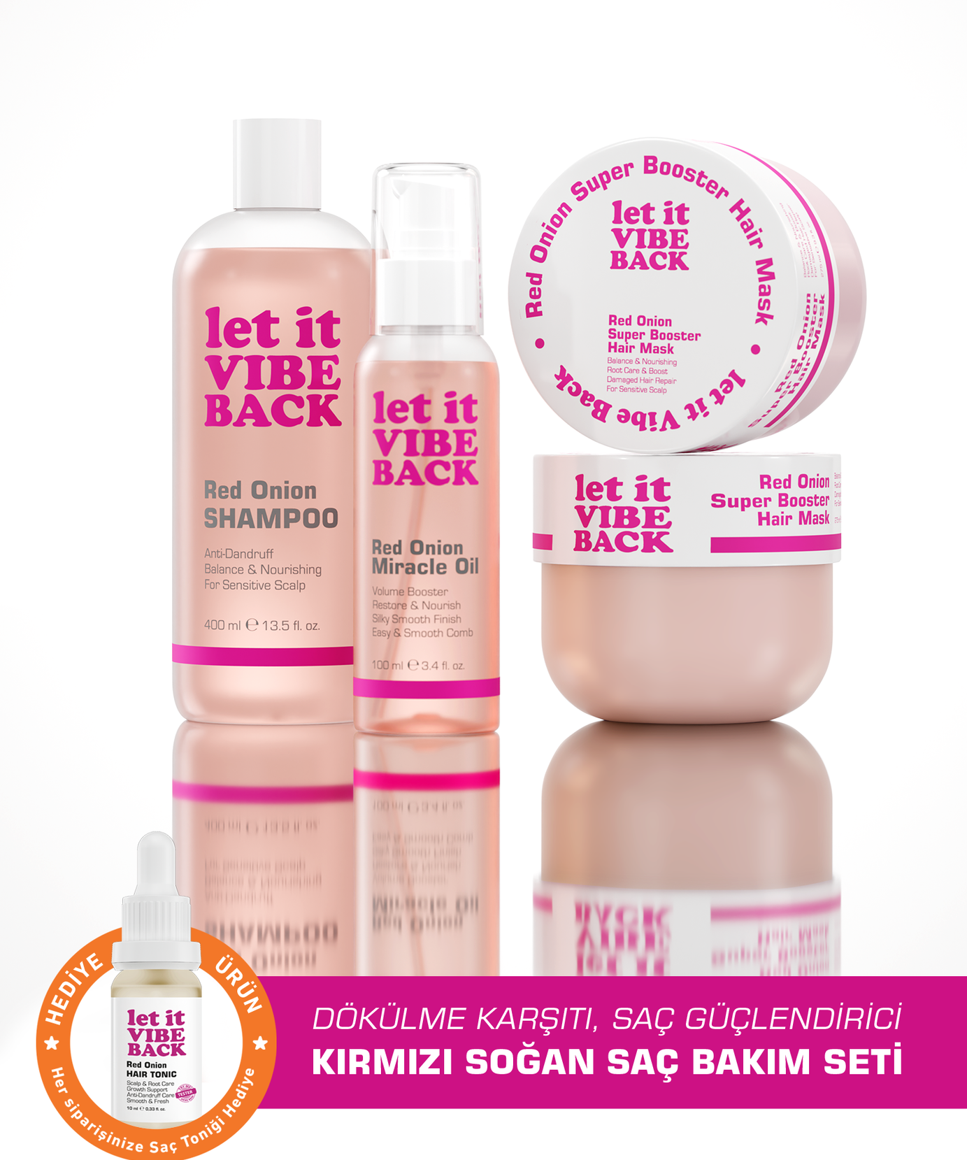 let it VIBE BACK Kırmızı Soğan Özlü Dökülme Karşıtı Saç Bakım Seti 3’lü – Şampuan 400 ml+Maske 275 ml+Serum 100 ml