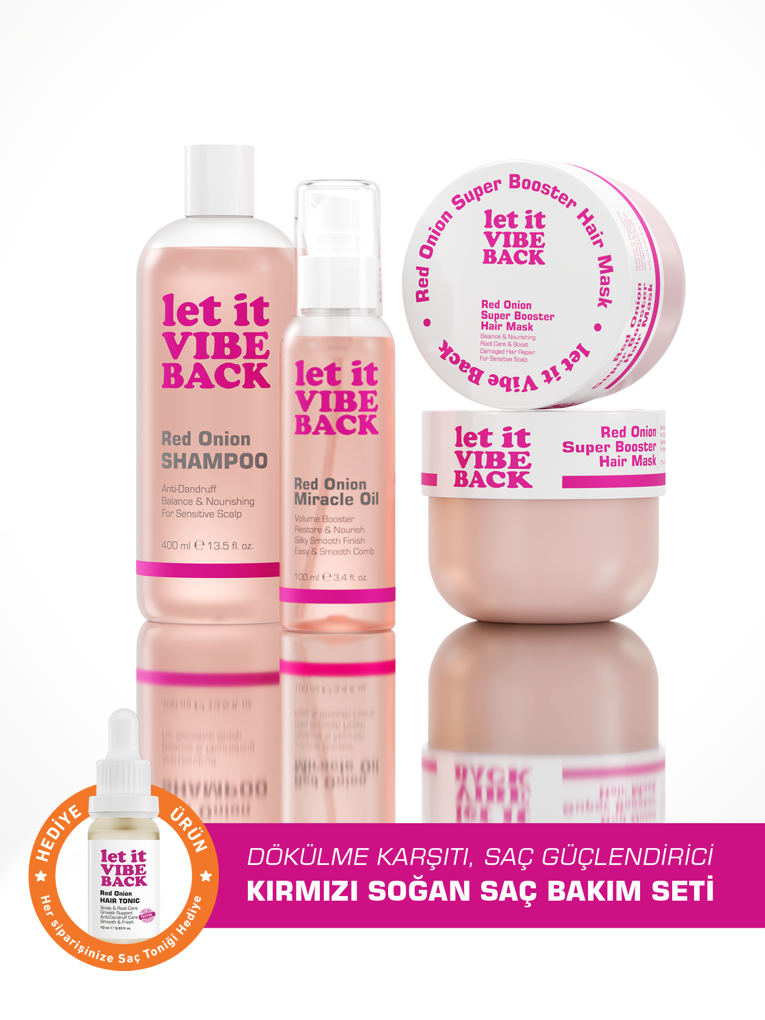 let it VIBE BACK Kırmızı Soğan Özlü Dökülme Karşıtı Saç Bakım Seti 3’lü – Şampuan 400 ml+Maske 275 ml+Serum 100 ml